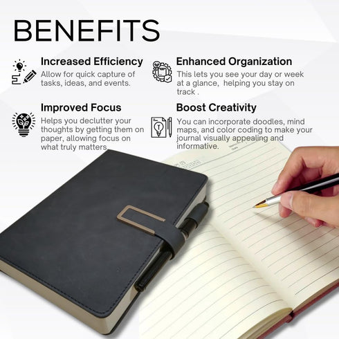 Leather Journal A5 with Pen compartment, Leather Bound for Women Men School, Office, Work, Daily and Travel Diary Writing Journal (Black with Lock...
