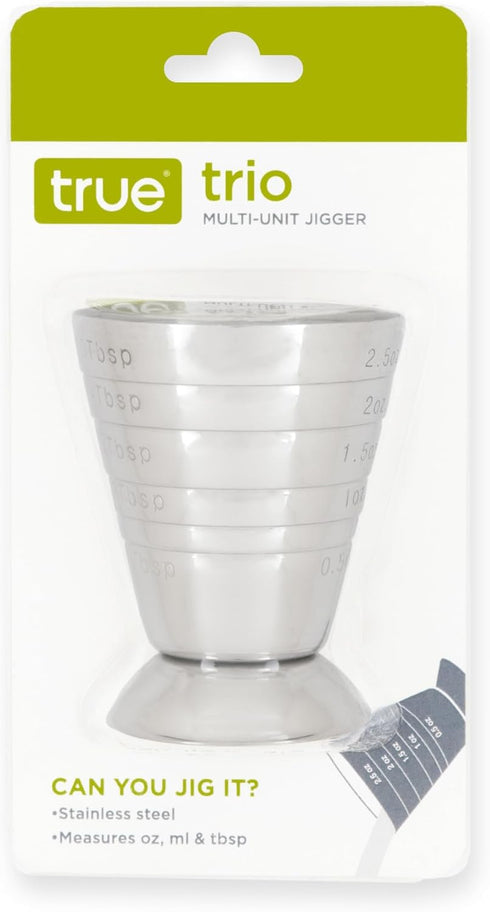 True Trio Multi-Unit Drink Measure, Shot Measuring Cup with Oz, Ml, and Tbsp Markings, Stainless Steel 2.5oz Set of 1...