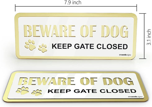 Beware of Dog Signs for Fence 4 Pack 7.9" x 3.1" Double Layer Gold with White Acrylic Dog Sign for Fence Beware of Warning Signs, Include Adhesive...