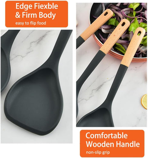 Wok Spatula, Silicone Wok Spatula Turner with Heat Resistant Wooden Handle, Kitchen Utensil Cooking Shovel Scoop Ladle for Scooping, Flipping, Sti...
