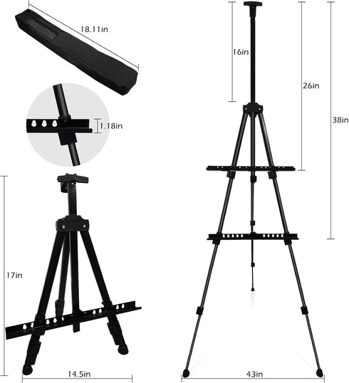 Portable Artist Easel Stand, Metal Tripod Adjustable Easel for Painting Canvases Height from 17 to 66 Inch,Carry Bag for Table-Top/Floor Didplayin...