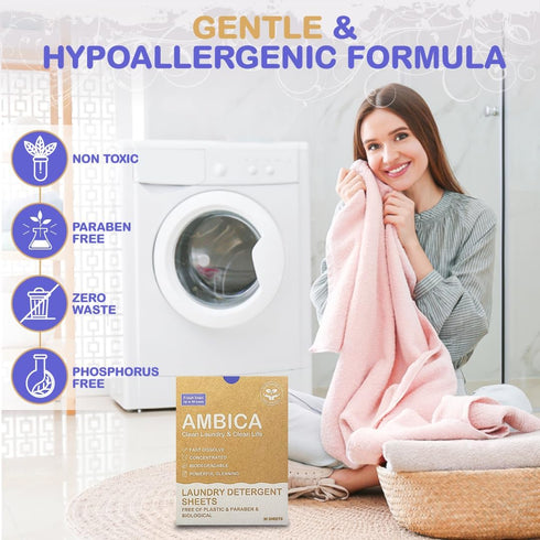 Ambica Travel Laundry Detergent Sheets - Non-Toxic, Hypoallergenic, Plant-Based Laundry Soap sheets for Clothes Washing in Sink or Washer - Travel...
