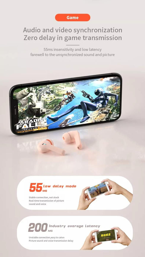 DE Earbud Headphones - Bluetooth 5.3 - Surround Sound HiFi - 6 Hours Use Time - ENC Noise Reduction - Low Delay 55 ms - Waterproof IPX-5 - HD Voic...