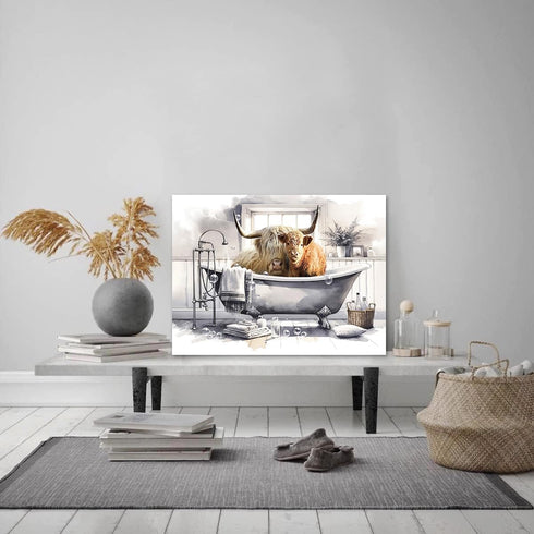 Rinsiken Highland Cow Wall Art in Bathtub Canvas Print - 12x16 inch Black and White Photo Bubble Funny Cattle Pictures Animal Painting Farmhouse A...