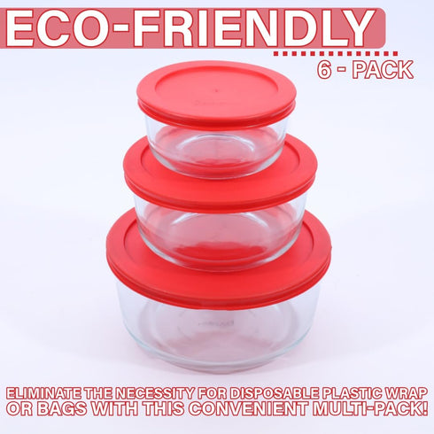 CIBI Food Storage Container Lids (2 Cups, Red - 6PK) For Pyrex and Anchor Round Glass Containers, Dishwasher and Microwave Safe Replacement Lids...