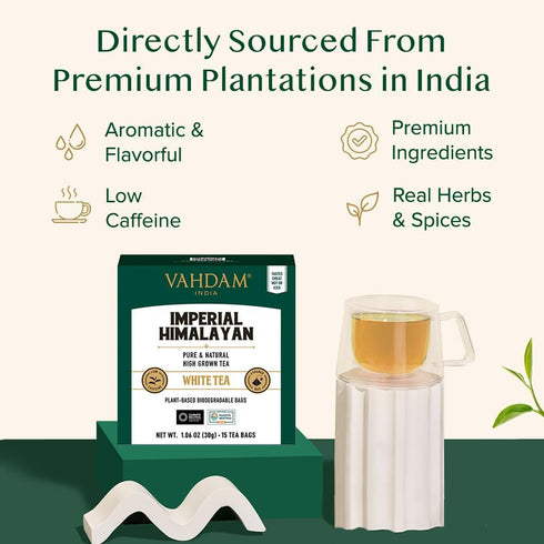 VAHDAM, Imperial Himalayan White Tea Bags (15 Count) Low Caffeine, Non GMO, Gluten Free | Handpicked Harvest From High Elevation Estates | Individ...