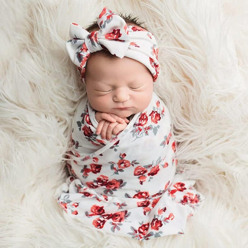 Newborn Swaddle Blanket, Baby Receiving Blanket Wrap with Headband for 0-3 Month Baby Girl and Boy, One Size (Red Floral)...