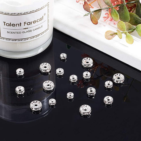 UNICRAFTALE 40pcs 4 Sizes 6mm/7mm/8mm/10mm Disc Spacer Beads 316 Stainless Steel with Clear Crystal Rhinestone Beads Flat Round Bead Spacer for Je...
