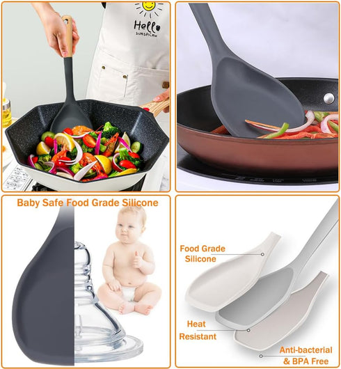 Wok Spatula, Silicone Wok Spatula Turner with Heat Resistant Wooden Handle, Kitchen Utensil Cooking Shovel Scoop Ladle for Scooping, Flipping, Sti...