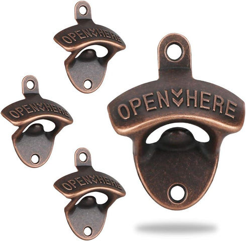 4 Pcs Bottle Opener Wall Mounted, Antique Metal Beer Bottle Top Openers Hardware With Mount Screws Set, Outdoor, Rustic, Cabinet, Bar (Vintage-Red...