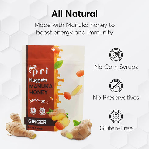 P.R.I Manuka Honey & Ginger Nuggets, Sweet and All Natural Hard Candy Treat, 3oz...