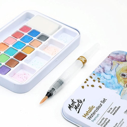 Mont Marte Premium Metallic Watercolor Cake Set, 21 Piece, 18 Colors, 1 Water Brush, 1 Sponge, 4 Mixing Wells...