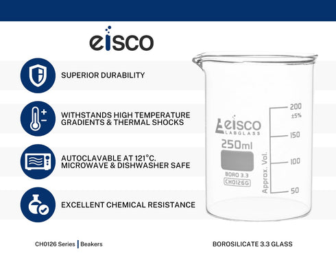 EISCO Beaker, 500ml - Low Form with Spout - White, 50ml Graduations - Borosilicate 3.3 Glass...