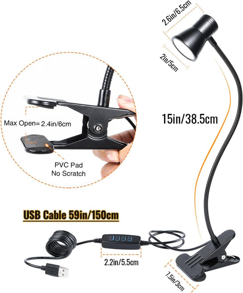 Clip Desk Lamp, USB Reading Light, Flexible Neck Led Clamp Light with 3 Color Temperature Options, 10 Dimmable Brightness Levels for Working, Stud...