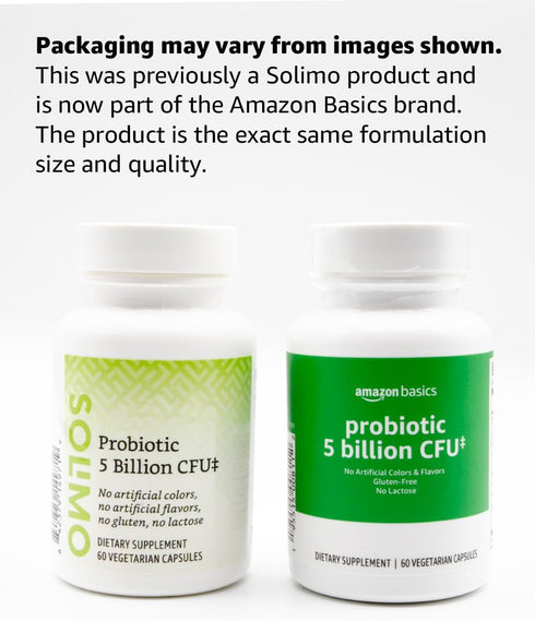 Amazon Basics Probiotic 5 Billion CFU, 8 Probiotic strains with 60 mg Prebiotic Blend, 60 Count Vegetarian Capsules, 2 Month Supply, Supports Heal...