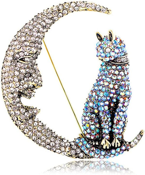 Rhinestone Cat on the Moon Brooch Pin for Women Girls Vintage AB Crystal Animal Kitten Crescent Celestial Brooches Lapel Pins Dainty Exaggerated C...