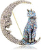Rhinestone Cat on the Moon Brooch Pin for Women Girls Vintage AB Crystal Animal Kitten Crescent Celestial Brooches Lapel Pins Dainty Exaggerated C...