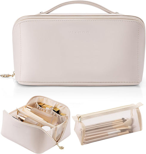 Vlando Travel Makeup Bag,PU Leather Portable Make up Bag Toiletry Bag for Women Open Flat Makeup Organizer with Divider and Handle White...