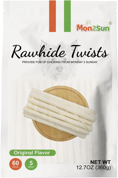 MON2SUN Dog Rawhide Twist Sticks Natural 5 Inch Thin Sticks Rawhide Chews Dog Treats for Puppy and Small Dogs 60 Count...