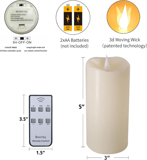 Battery Candles Flickering - Battery Operated Candles with Flickering Flame 3x5 inches, 1 Pack, Ivory, Real Wax, 3D Moving Wick, Mechanical Keypad...