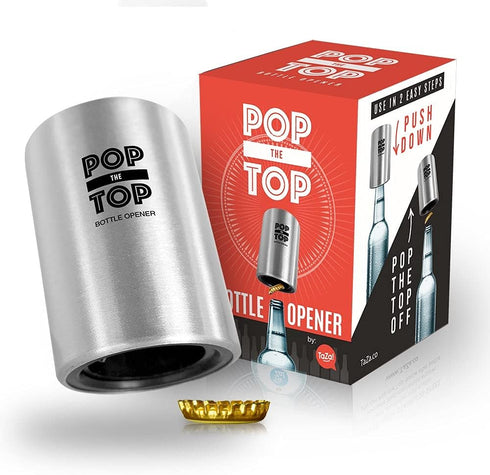 Pop-the-Top Beer Bottle Opener (Stainless): Automatic Bottle Cap Opener, Push Down Pop Off Bar Tool, Soda and Beer Cap Remover, Cool & Fun Gadget...