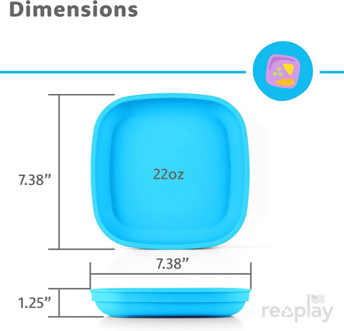 Re-Play Toddler Plates - 22 Oz. Deep-Walled Flat Kids Plates - Dishwasher & Microwave Safe - Made in USA - Set of 3-7.37" x 7.37" x 1.25" - True B...