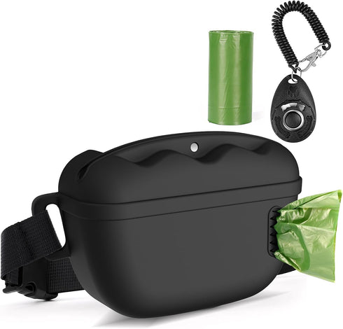 2 in 1 Dog Treat Pouch with Training Clicker, Silicone Treat Bag with Dog Waste Bag Dispenser, Waist Belt for Pet Training, Stronger Magnetic Clos...