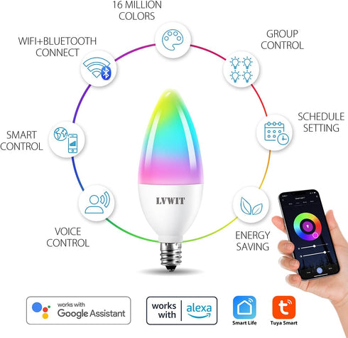 LVWIT Smart Light Bulb, B11 Smart Candelabra LED Bulb, E12 Base(12mm) WiFi Chandelier Light Bulb, Color Changing, Dimmable, Work with Alexa Home A...