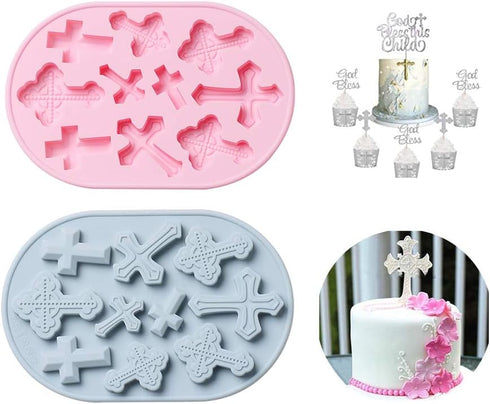 OURASHERO 2pcs Cross Shape Cake Fondant Mold Cake Decorations Cupcake Topper Silicone Clay Candy Chocolate Gum Paste Mold with Silicone Liquid Dro...