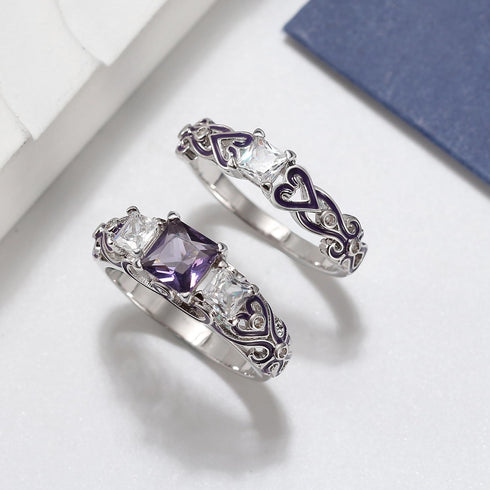 Ginger Lyne Collection Cherri Purple Princess Cut Engagement Wedding Band Bridal Set...