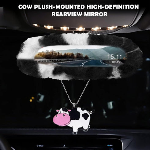 JINGSEN11 Pieces Fluffy Car Accessories Set,Fluffy Cow Print Plush Steering Wheel Covers for Women Soft Fleece Handbrake Cover Shift Cover Car Tri...
