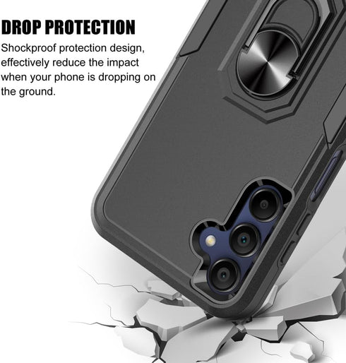 for Samsung Galaxy A15 5G Case, Shockproof Protection Phone Case with Rotatable Ring Holder Kickstand + Tempered Glass Screen Protector for Galaxy...