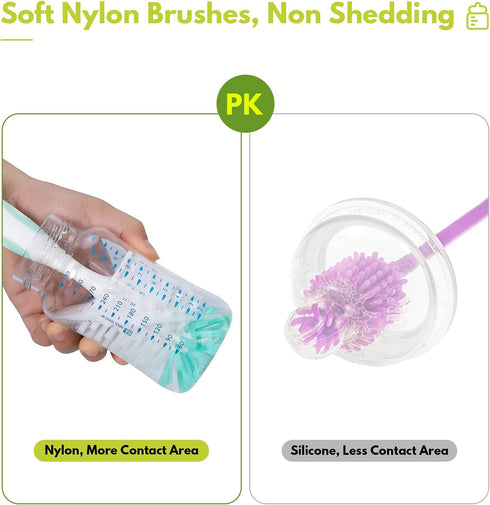 2 Pack Baby Bottle Brush with 4 Pack Straw Brushes, 10.2" Nylon Brushe with Nipple Cleaner and Stand Suction Cup, Pink...