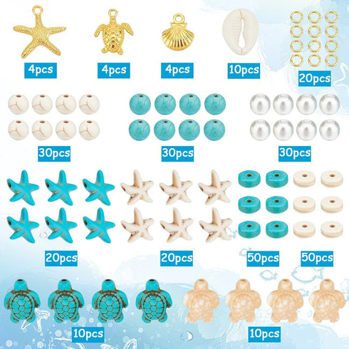 SUNNYCLUE 1 Box 292Pcs Sea Turtle Beads Seashell Starfish Beads Lucky Turquoise Beads Ocean Summer Hawaii Sea Animal Beads Shell Charms for Jewelr...