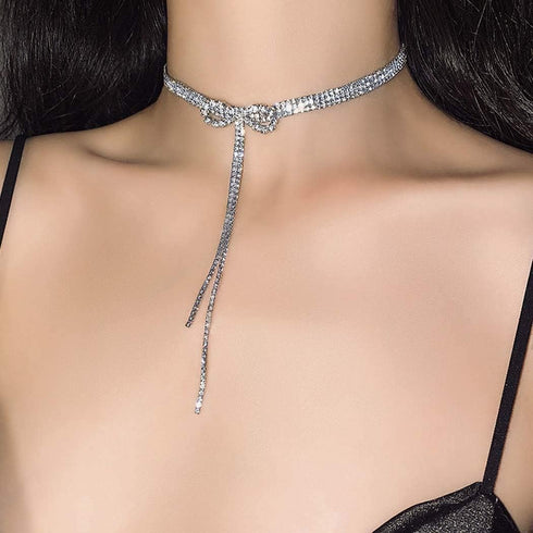 ELABEST Rhinestone Bow Necklace Crystal Bowknot Pendant Choker Dainty Tennis Chain Nightclub Party Jewelry for Women...