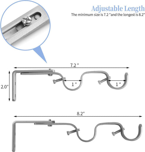 Heavy Duty Curtain Rod Brackets - Adjustable Double Rod Holders, 1 Inch (2 PCS, Silver)...