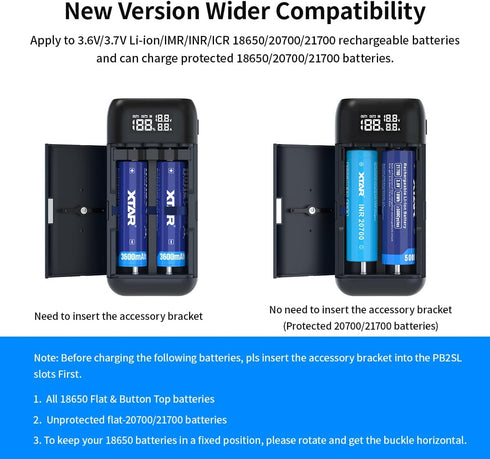 XTAR PB2SL 18650 Battery Charger with XTAR QC3.0 18W Wall Charger USB C Port 21700 Battery Charger with USB Output Function for 18650 20700 21700 ...
