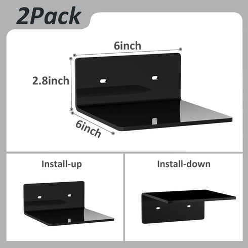 6 Inches Small Black Wall Shelves Set of 2, Wall Mounted Display Shelf Rack for Bedroom, Living Room, Smart Speaker, Clock, Decoration, 2 Pack...