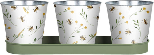 Bee Print Herb Pots with Tray | for Windowsill or Balcony | Indoor or Outdoor Use...
