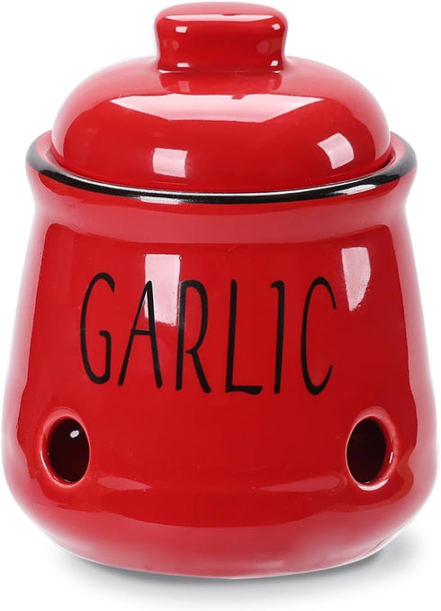 HAOTOP Garlic Keeper with Lid, Ceramic Mini Garlic Container Saver for Countertop, Keep Your Garlic Cloves Fresh, Red...