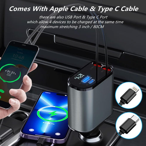 Retractable Car Charger, 4 in 1 Fast Cell Phone Automobile Chargers, with 2.7ft Retractable Cables and 2 USB Ports, Compatible with iPhone15/14/13...