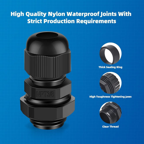 Cable Gland 12 Pack 3/8" NPT Waterproof Adjustable Connector Strain Relief Cord Connectors Joints Nylon with Gaskets…...