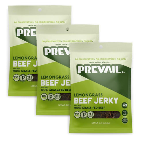 PREVAIL Lemongrass Grass-Fed Beef Jerky | Gluten Free | 100% Grass-Fed | High Protein Snacks | Free of Preservatives | No GMO's | Pack of (3) Bags...