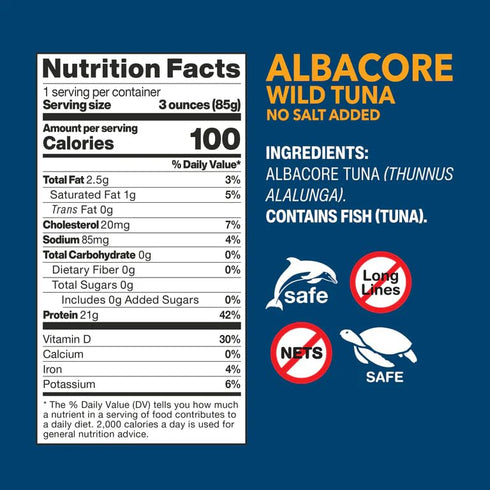 Wild Planet Wild Albacore Tuna, No Salt Added, Sustainably Wild-Caught, Kosher, Gluten Free, Keto and Paleo, 3rd Party Mercury Tested, 3 Ounce Pou...