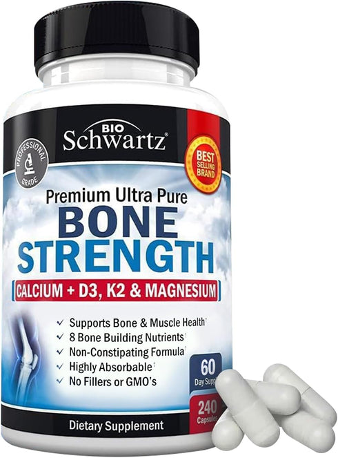 Bone Strength Supplement with Calcium Magnesium Vitamin D3 K2 Zinc (60 Day Supply) 8 Bone Building Nutrients for Bone & Muscle Support - High Abso...