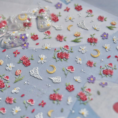 Flowers Nail Art Stickers 5D Flowers Nail Stickers Spring Red Pink Rose Nail Decals Daisy Nail Art Design Decals for Nail Art Cloud Cute Designs S...