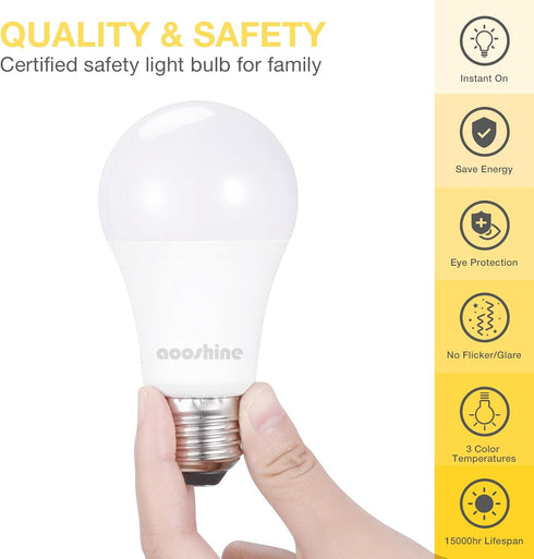 aooshine A60 E26 LED Light Bulb - 3 Color Temperatures (3000K/5000K/4000K), E26 Standard Medium Base, Non-Dimmable, 1 Pack, 120Volts 9Watts LED Bu...