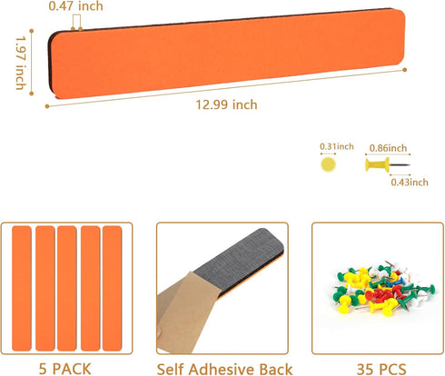 Felt Pin Board Bar Strips Bulletin Board for Bedrooms Offices Home Wall Decoration, Notice Board Self Adhesive Cork Board with 35 Push Pins for Pa...
