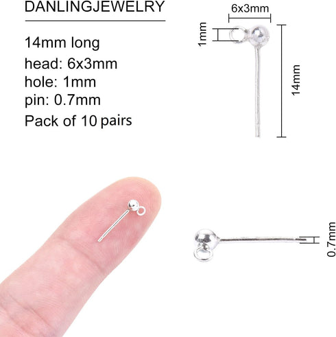 DanLingJewelry 10pairs 925 Sterling Silver Ball Post Ear Studs 14mm with 3mm Loop Earring Making Findings Components...