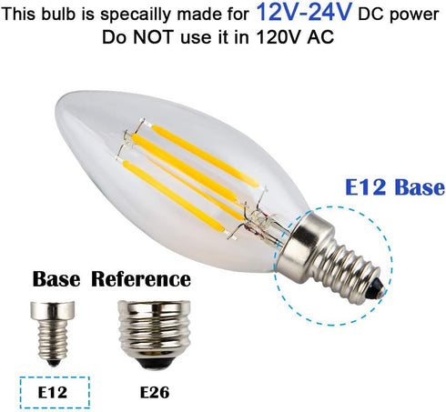 12V/24V DC LED Candle Bulb, Dimmable with 12V DC Dimmer, 4W 400Lm, 2700K Warm White Light, E12 Small Base, Clear Glass Torpedo Tip, 40W Incandesce...